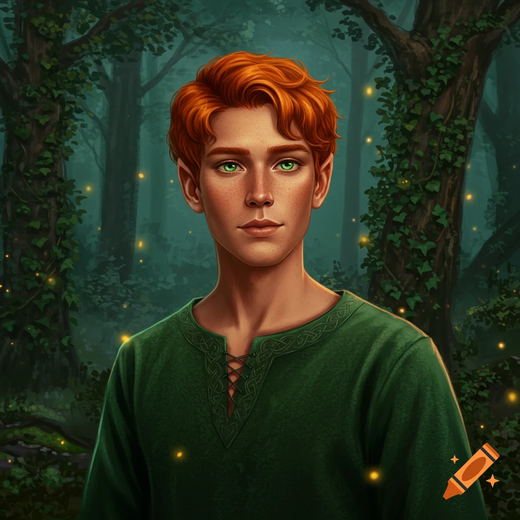 Portrait of a young man with red hair and green eyes, wearing a green tunic, standing in a magical forest with glowing fireflies.