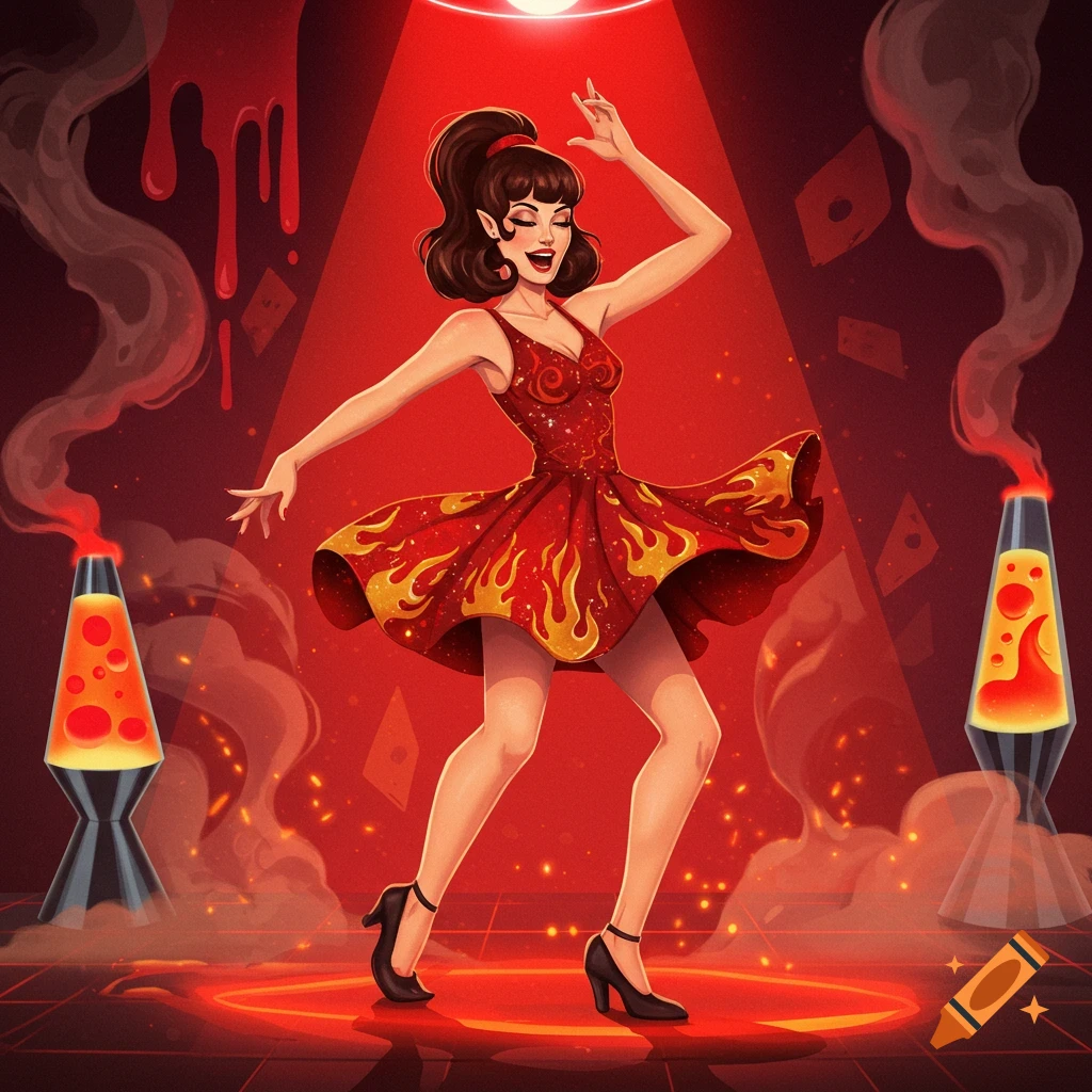 An illustration of a retro-style gogo dancer with pointed ears, wearing a red flame-patterned dress, dancing under a spotlight with lava lamps and smoke.
