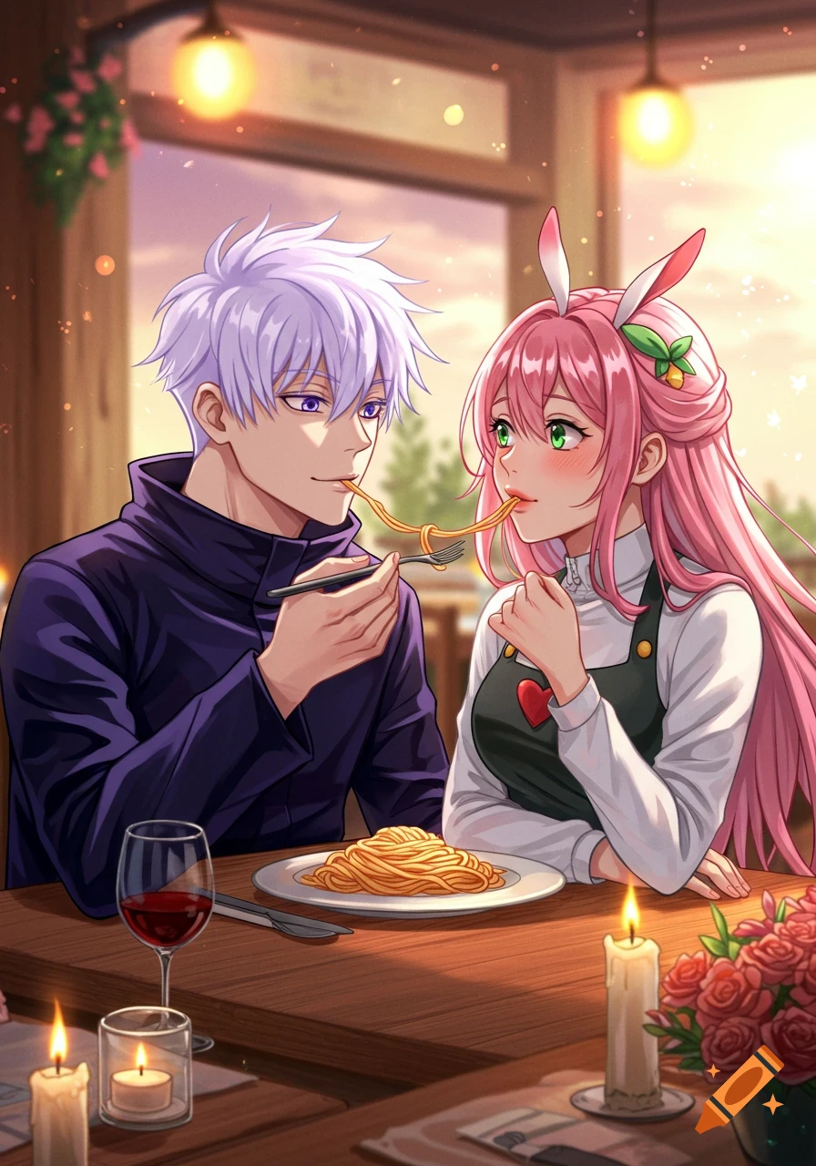 Anime man with white hair feeding a pink-haired woman spaghetti at a candlelit table, both blushing and looking lovingly at each other.