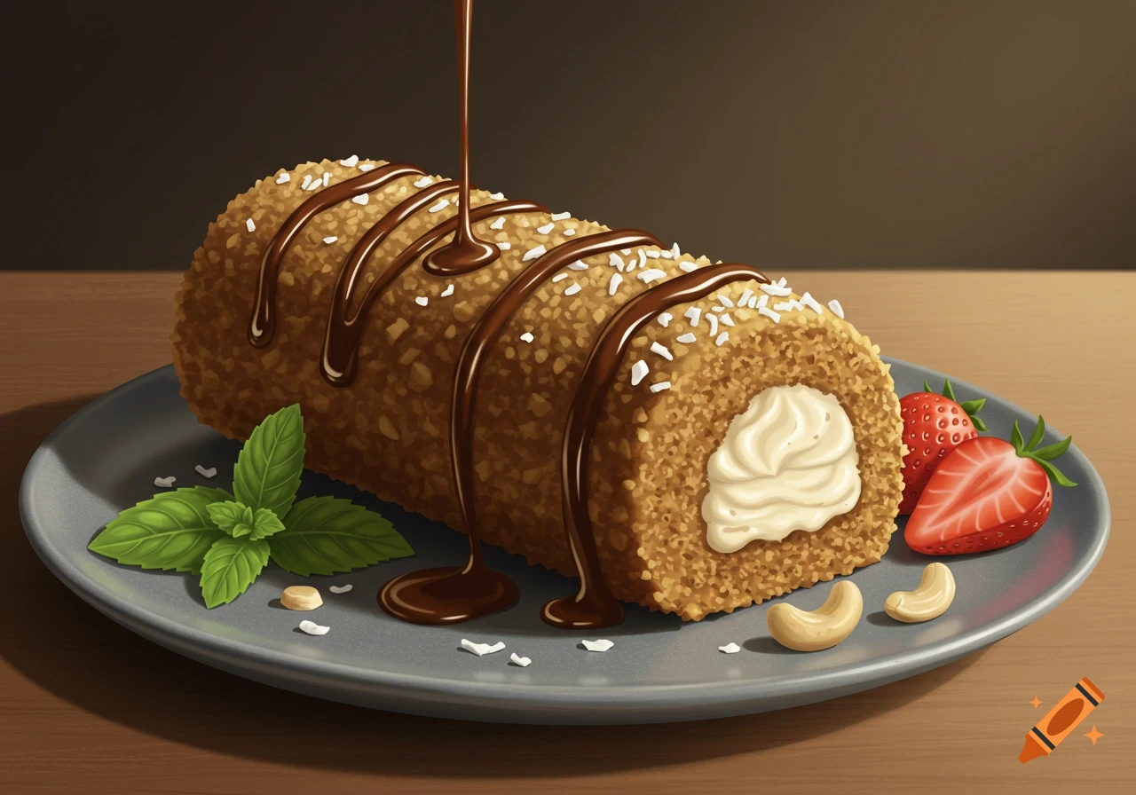 Stylized digital painting of a cream-filled dessert roll with chocolate drizzle, nuts, and strawberries on a gray plate.