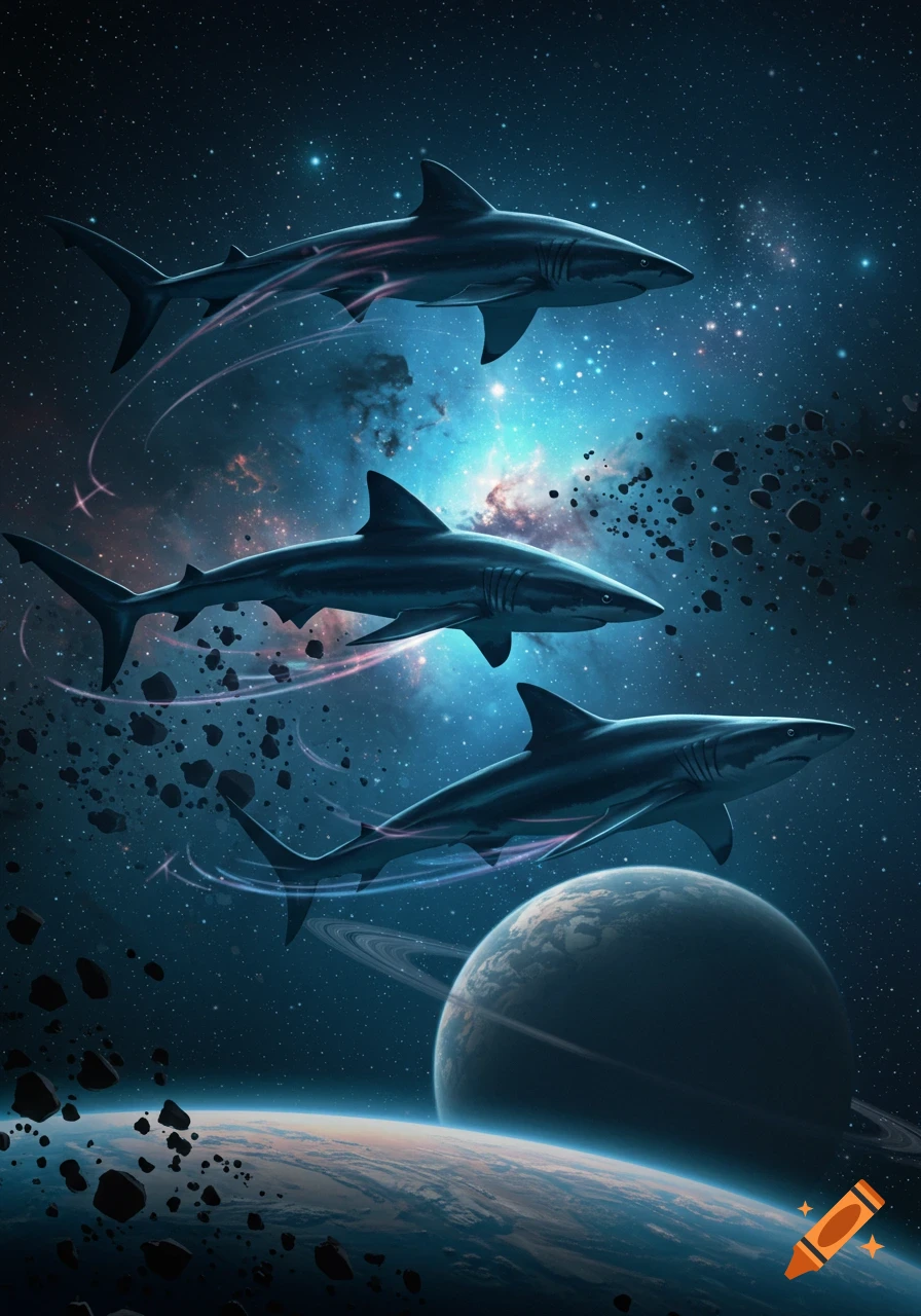 Three sharks swimming through deep space among stars, a nebula, asteroids, and distant planets with rings.