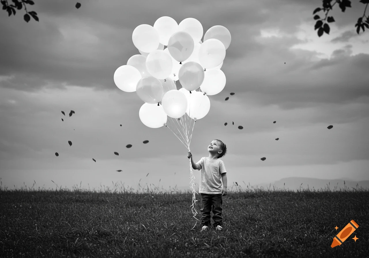 Black and white photorealistic image of a joyful child holding a large bunch of white balloons in a grassy field under a cloudy sky.