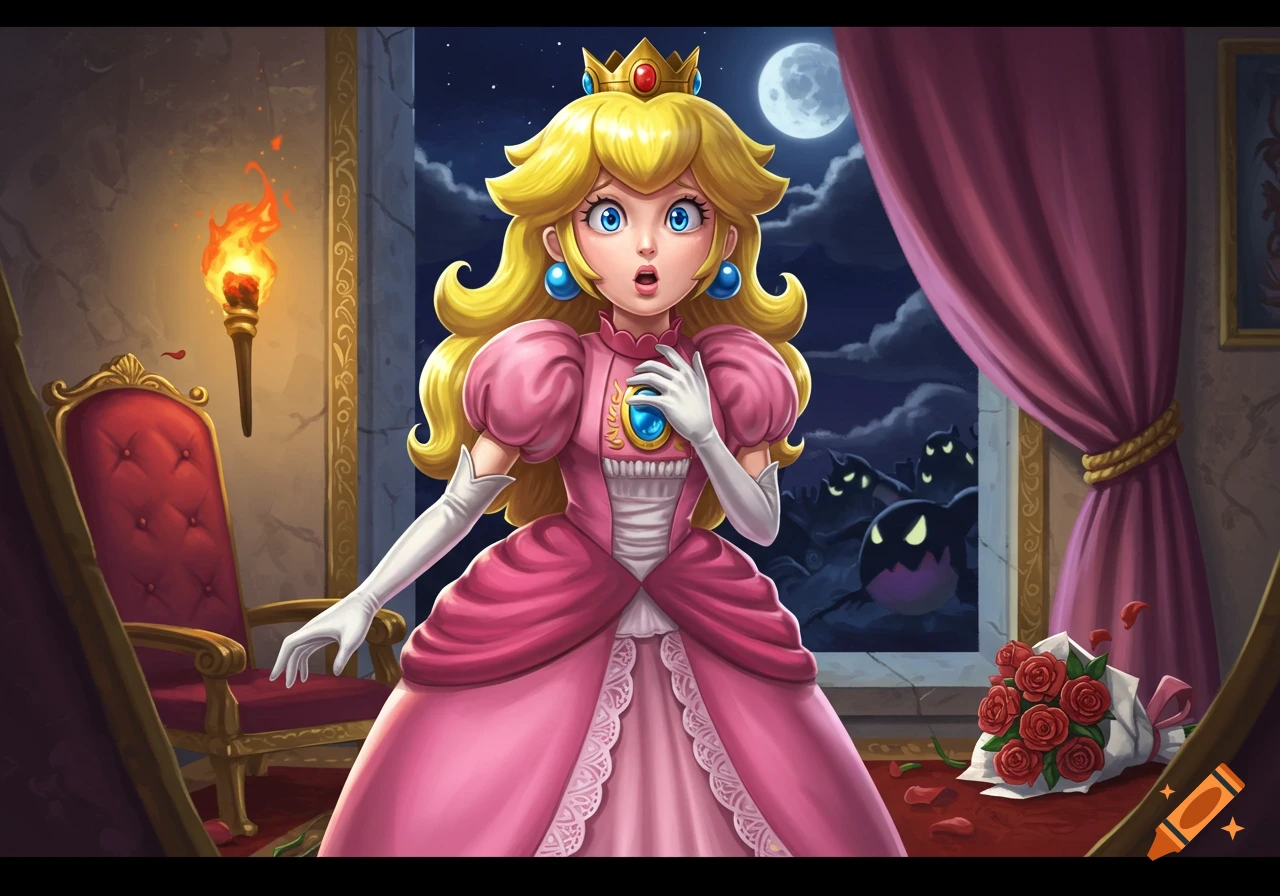 Princess Peach looks surprised in a castle room at night, with ghost-like figures outside a window and a bouquet of roses on a table.