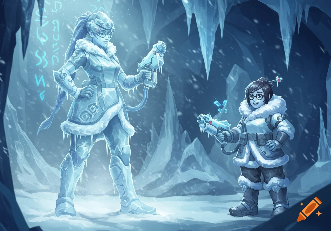 Mei stands in an icy cave, smiling and holding an ice gun, next to an ice statue of Widowmaker.