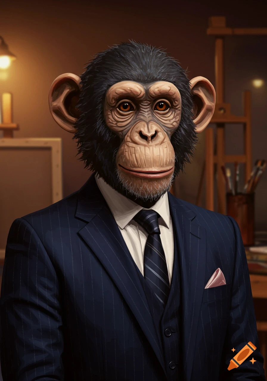 An acrylic painting of a chimpanzee wearing a dark pinstripe suit and tie, against a warm, dimly lit background with art supplies.