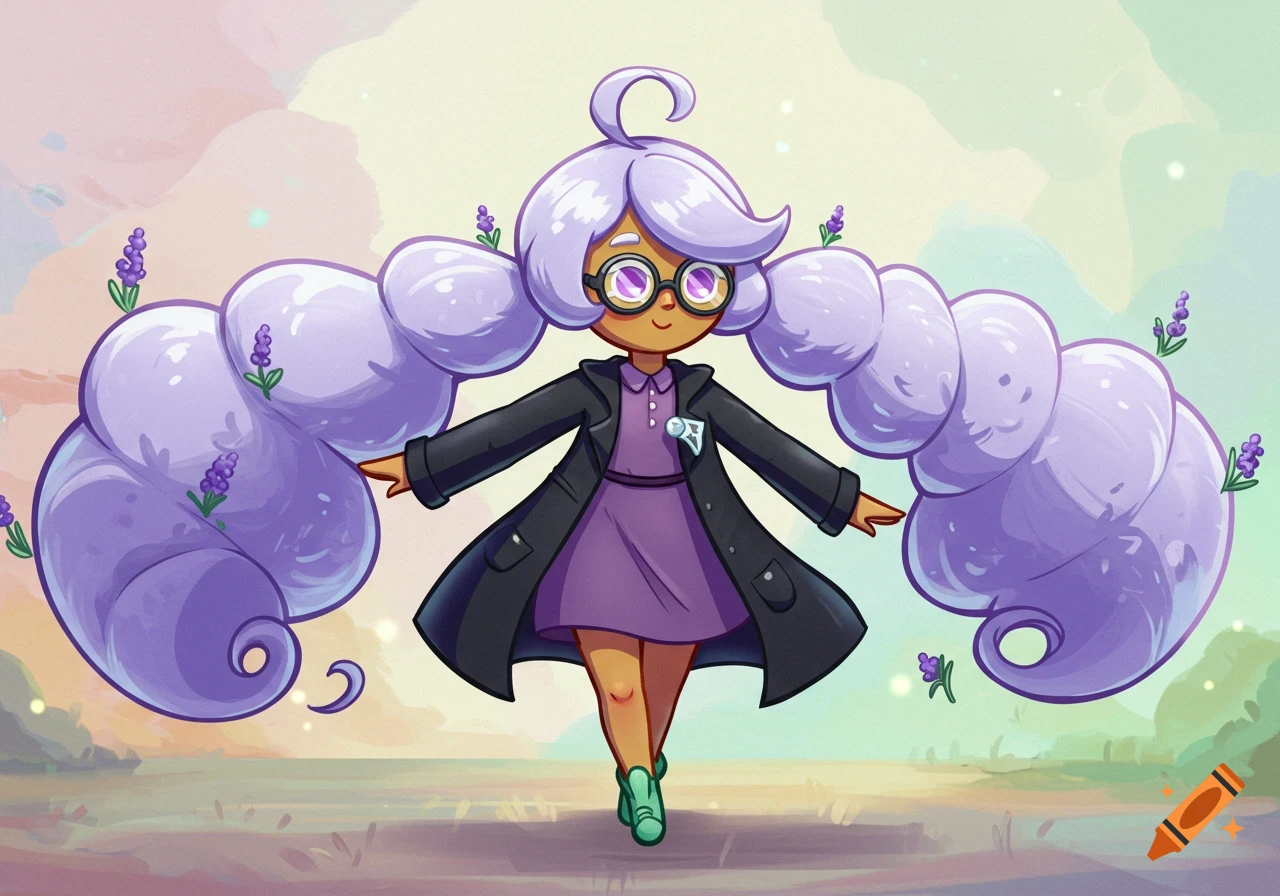 Cartoon character with fluffy purple hair, glasses, purple dress, black lab coat, and green shoes, outdoors.