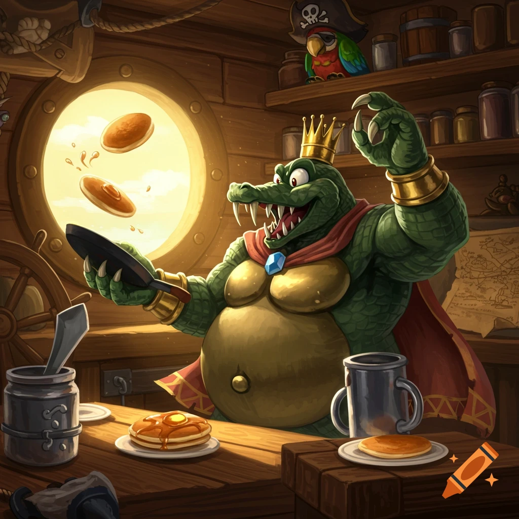 King K. Rool, a large green alligator-like character wearing a crown and cape, flips pancakes in a pirate ship's wooden galley.
