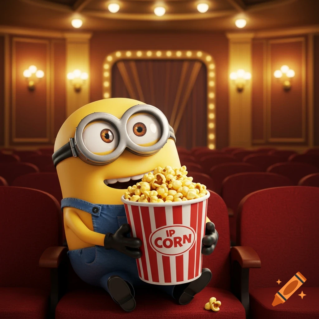 A happy Minion sits in a movie theater, holding and eating a large bucket of popcorn.