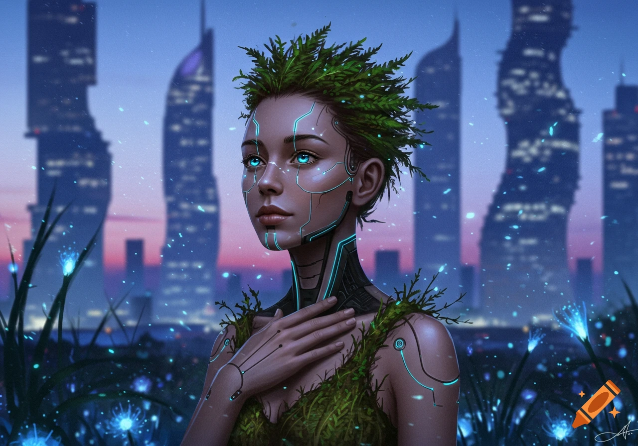 A cyborg woman with glowing blue eyes, green foliage hair, and tech implants on her face and body, stands before a futuristic city at dusk.