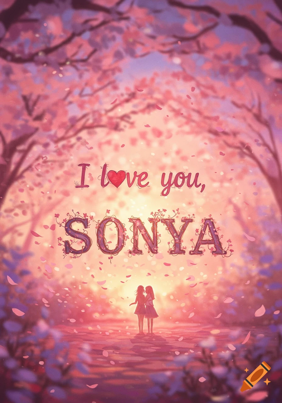 Two stylized figures embrace under cherry blossom trees with falling petals, text reads 'I love you, SONYA' in a whimsical style.