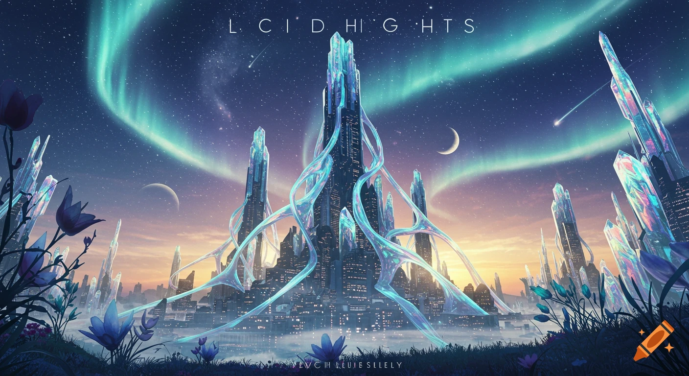 A futuristic city with glowing crystal buildings under a starry night sky with an aurora borealis and crescent moons.
