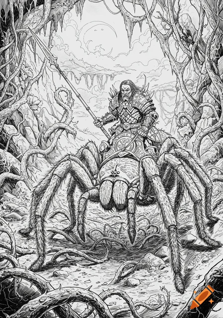A detailed black and white line drawing of a fantasy warrior in armor riding a giant, hairy tarantula through a gnarled, root-filled landscape under a crescent moon.