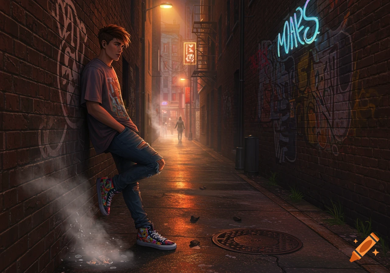 A young man with red hair in a purple t-shirt and ripped jeans leans against a brick wall covered in graffiti in a dark, lit alley with neon signs.