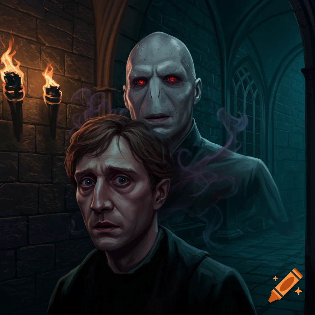 A digital painting of Professor Quirrell, terrified, with Voldemort's ghostly, bald, red-eyed face emerging from the back of his head in a dark castle.
