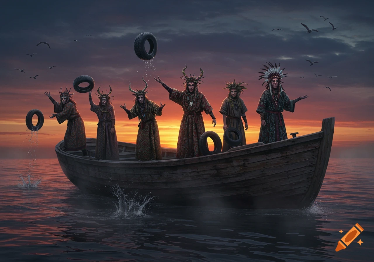 Six robed figures resembling modern druids on a boat, throwing tires into the water at sunset in a ritualistic manner.