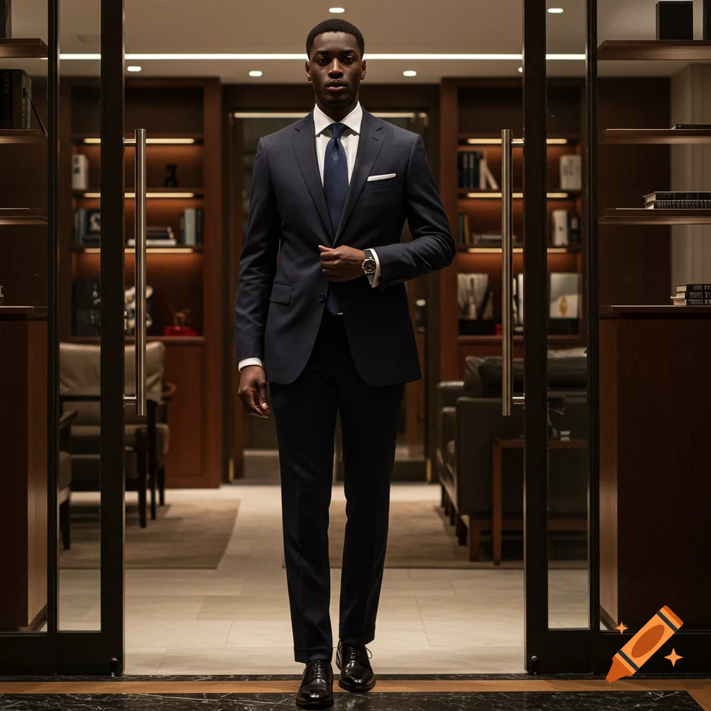 A Black man in a dark blue suit and tie stands in a professional office setting.