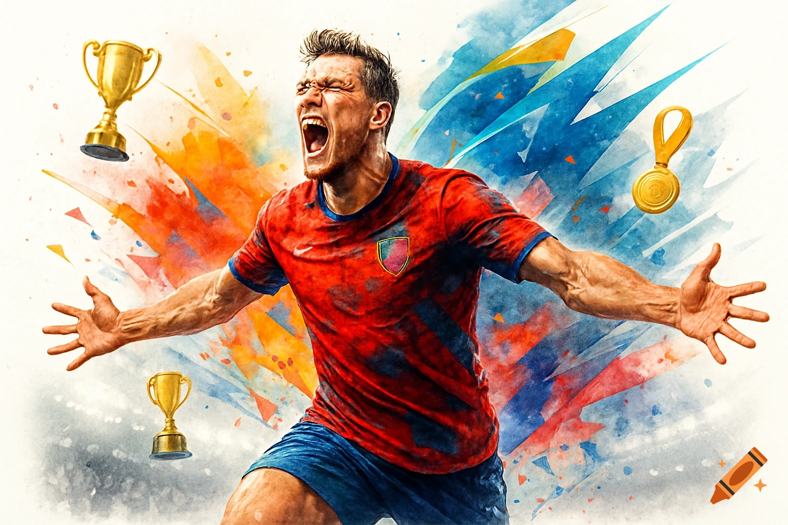 Dynamic watercolor illustration of a soccer player celebrating with arms outstretched and trophies floating around him.