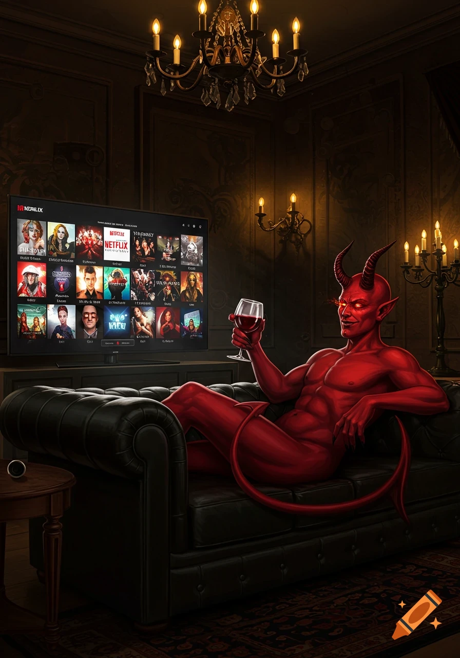 A red demon with horns and a tail relaxes on a couch, holding wine and watching Netflix in a dark, ornate room.