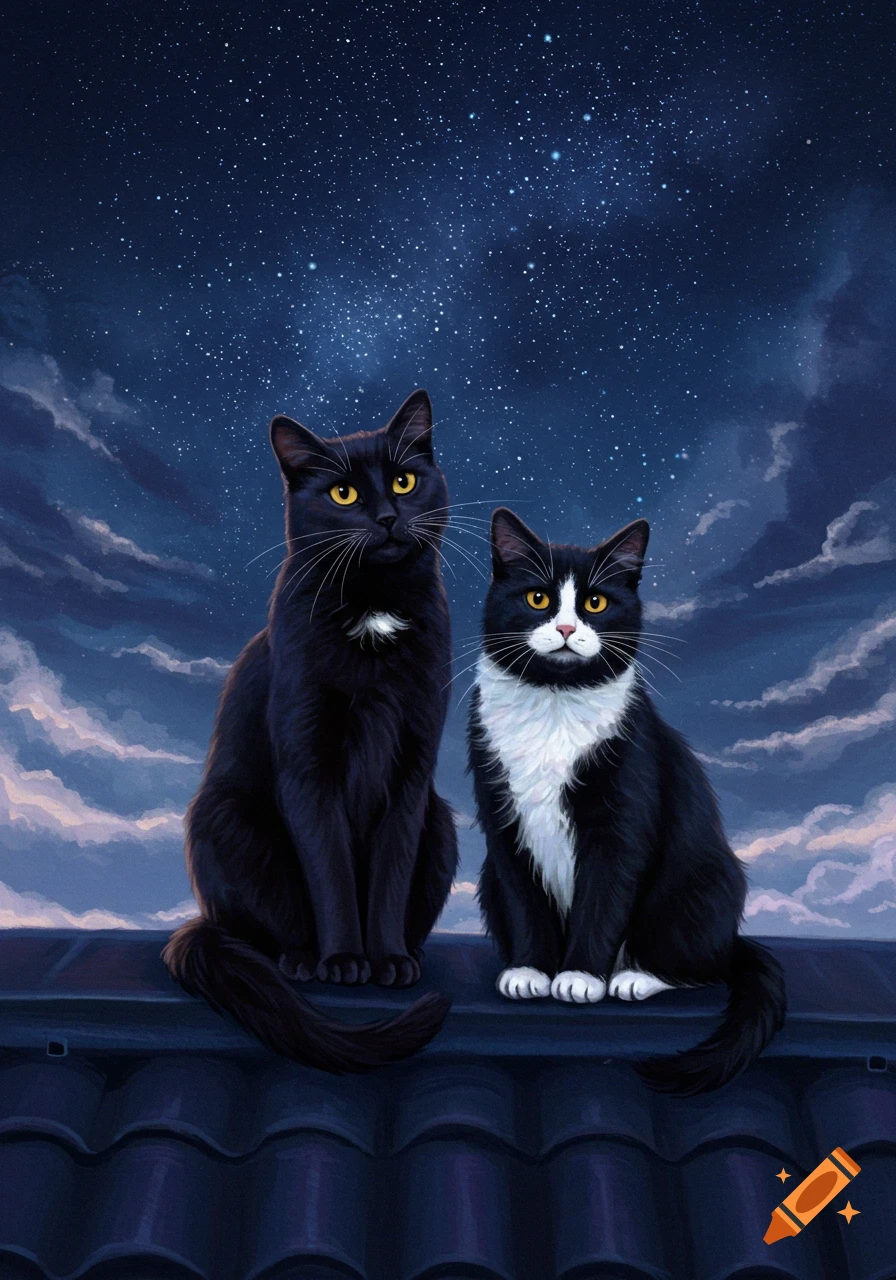 A painting of a black cat and a black and white cat with yellow eyes sitting on a roof under a starry night sky.