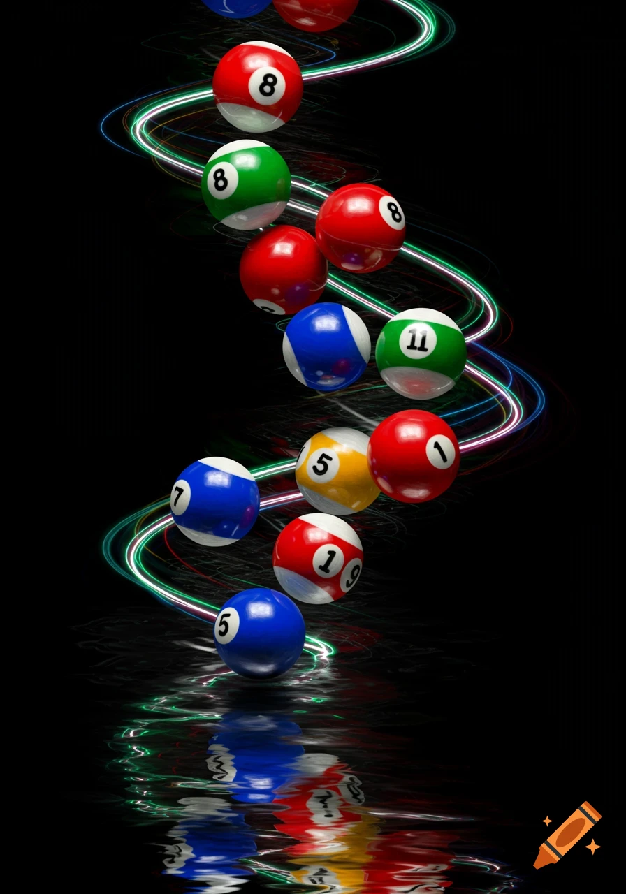 Colorful billiard balls with numbers float down, trailed by glowing, wavy light streams, reflected on a rippled surface against a black background.