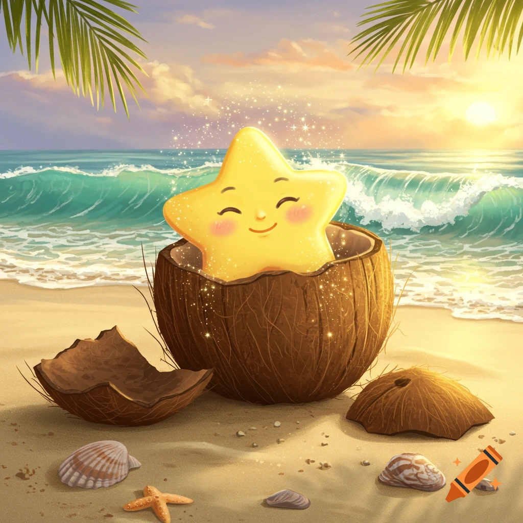 A cute, smiling yellow star character sits in a broken coconut shell on a sunny beach, with sparkling light, ocean waves, and palm fronds.