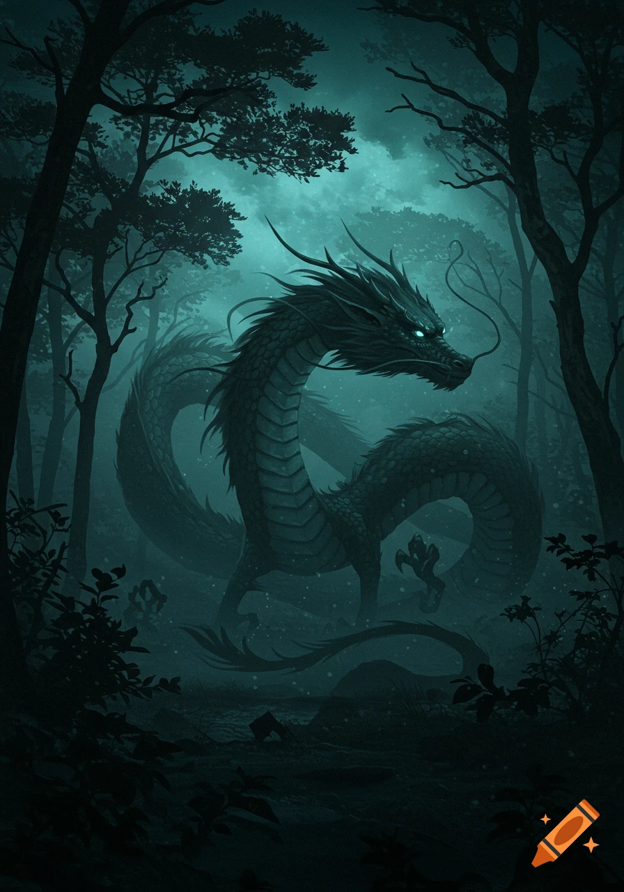 A mystical dark dragon with glowing eyes stands in a misty, teal-lit forest.
