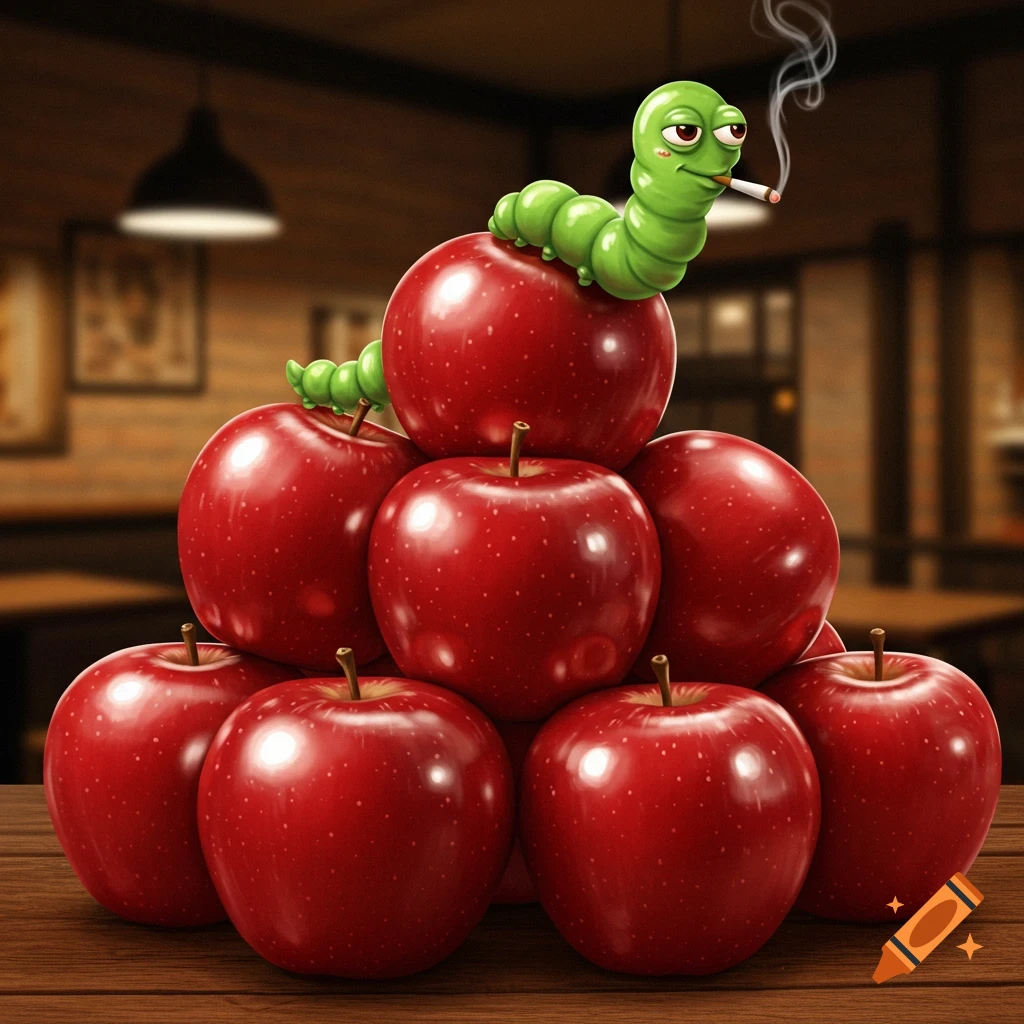 A pile of vibrant red apples with a cute green cartoon worm on top, smoking a cigarette, set in a blurry restaurant background.