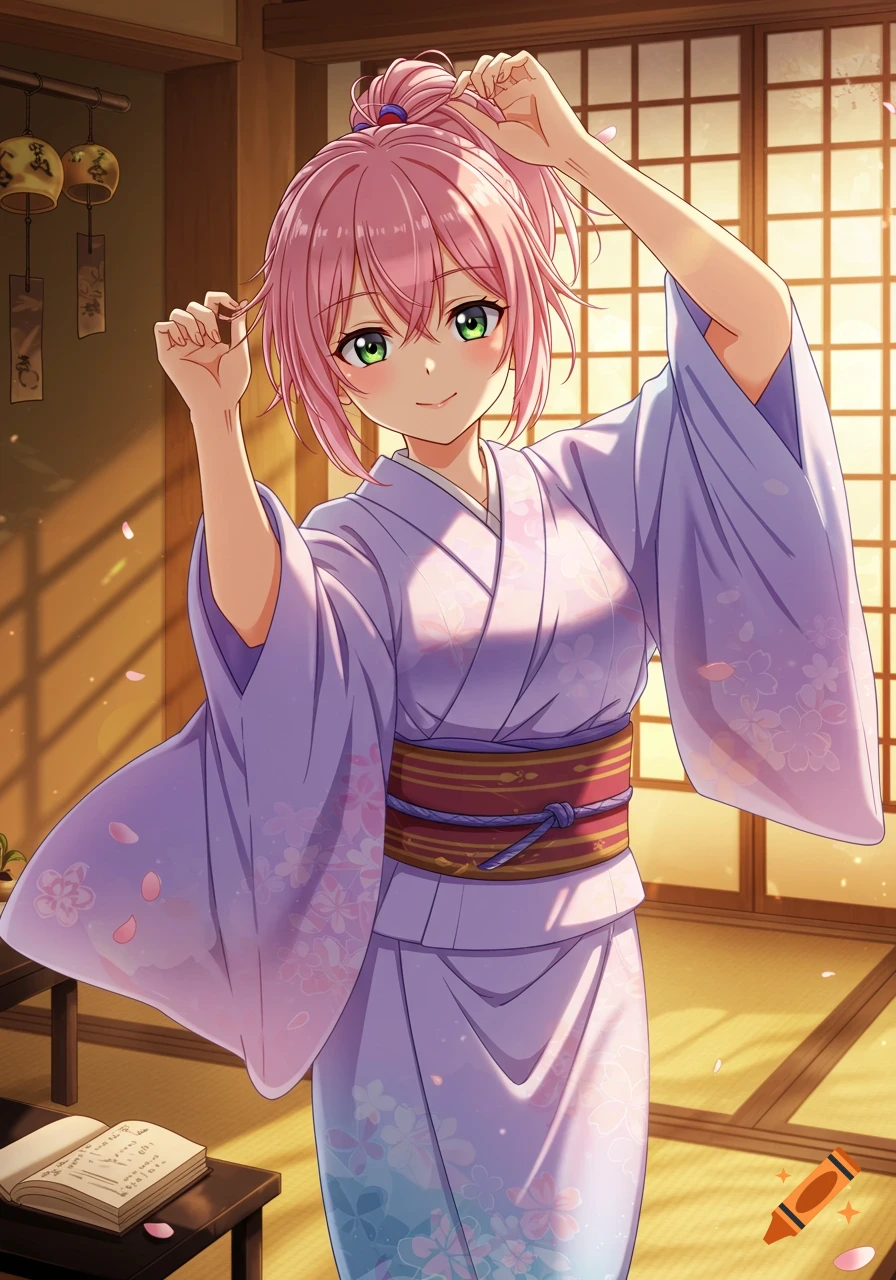 An anime girl with pink hair and green eyes, wearing a purple kimono with cherry blossoms, smiles as she ties her hair into a ponytail in a traditional Japanese room.