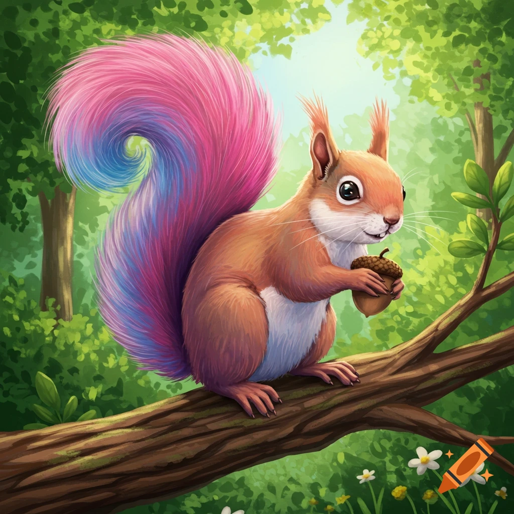 A cute cartoon squirrel with a pink and blue tail sits on a tree branch, holding an acorn, in a sunny forest.