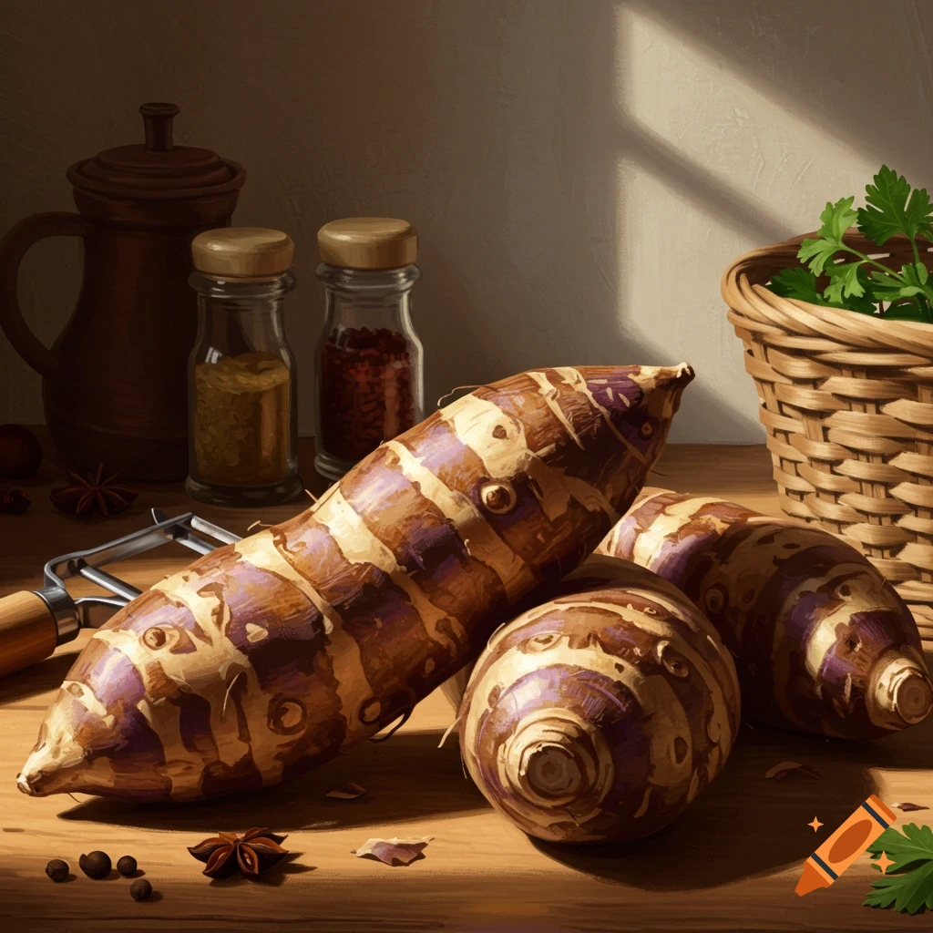 Several yams, a peeler, spice jars, and herbs arranged on a wooden table in a still life composition.