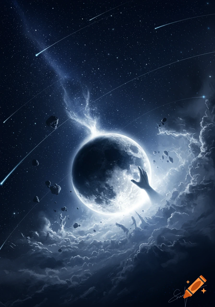 A celestial digital painting shows a large hand reaching for a glowing moon, surrounded by stars, asteroids, and dark clouds.