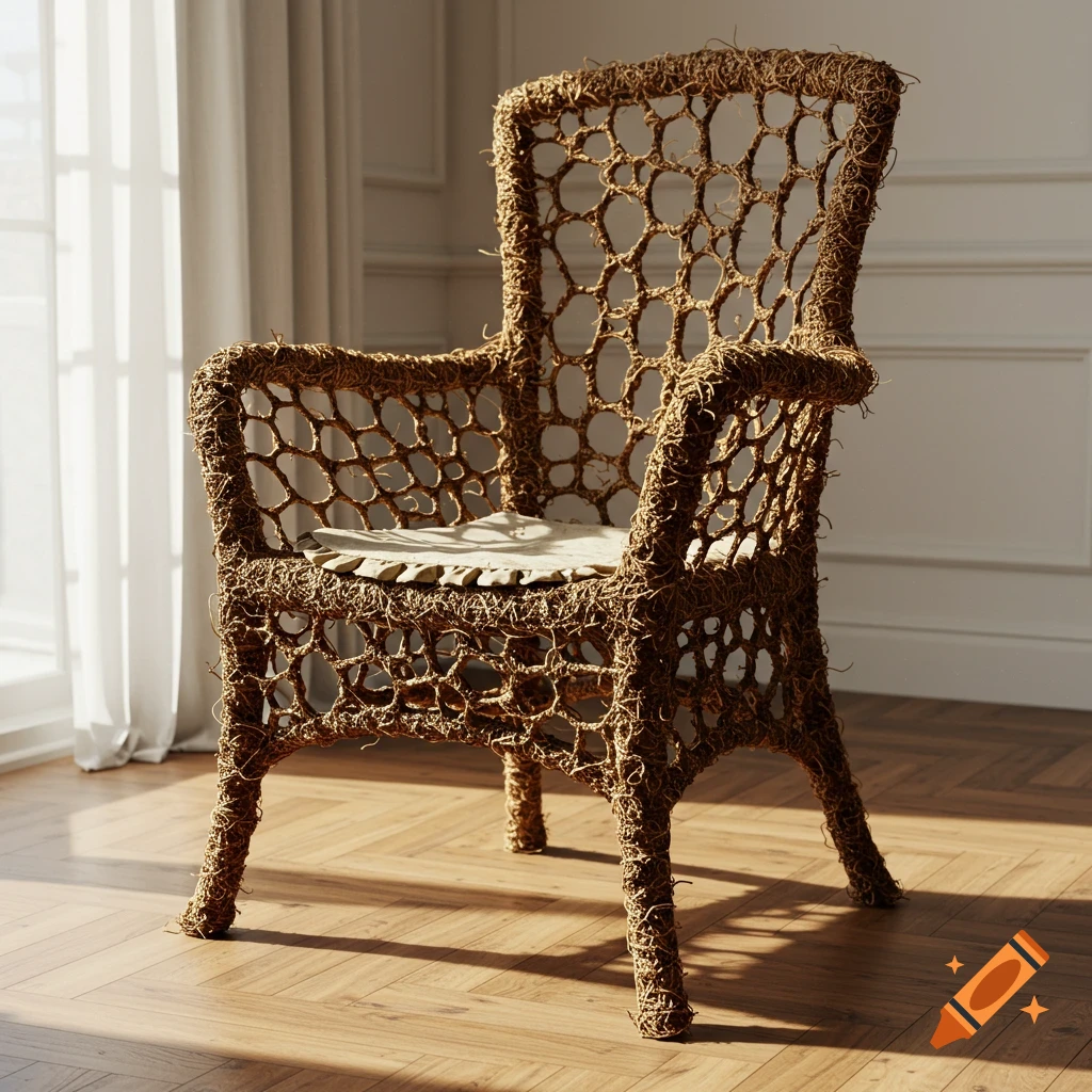 A photorealistic image of a chair made from woven brown organic material with a honeycomb pattern, in a sunlit room.