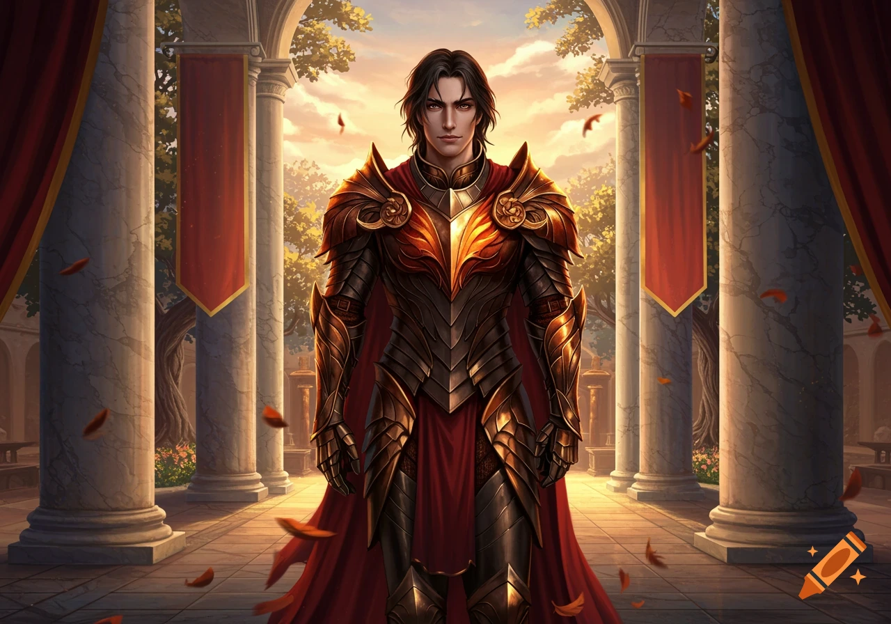 A young king in ornate gold and red phoenix armor stands under an archway with columns at sunset, digital painting.