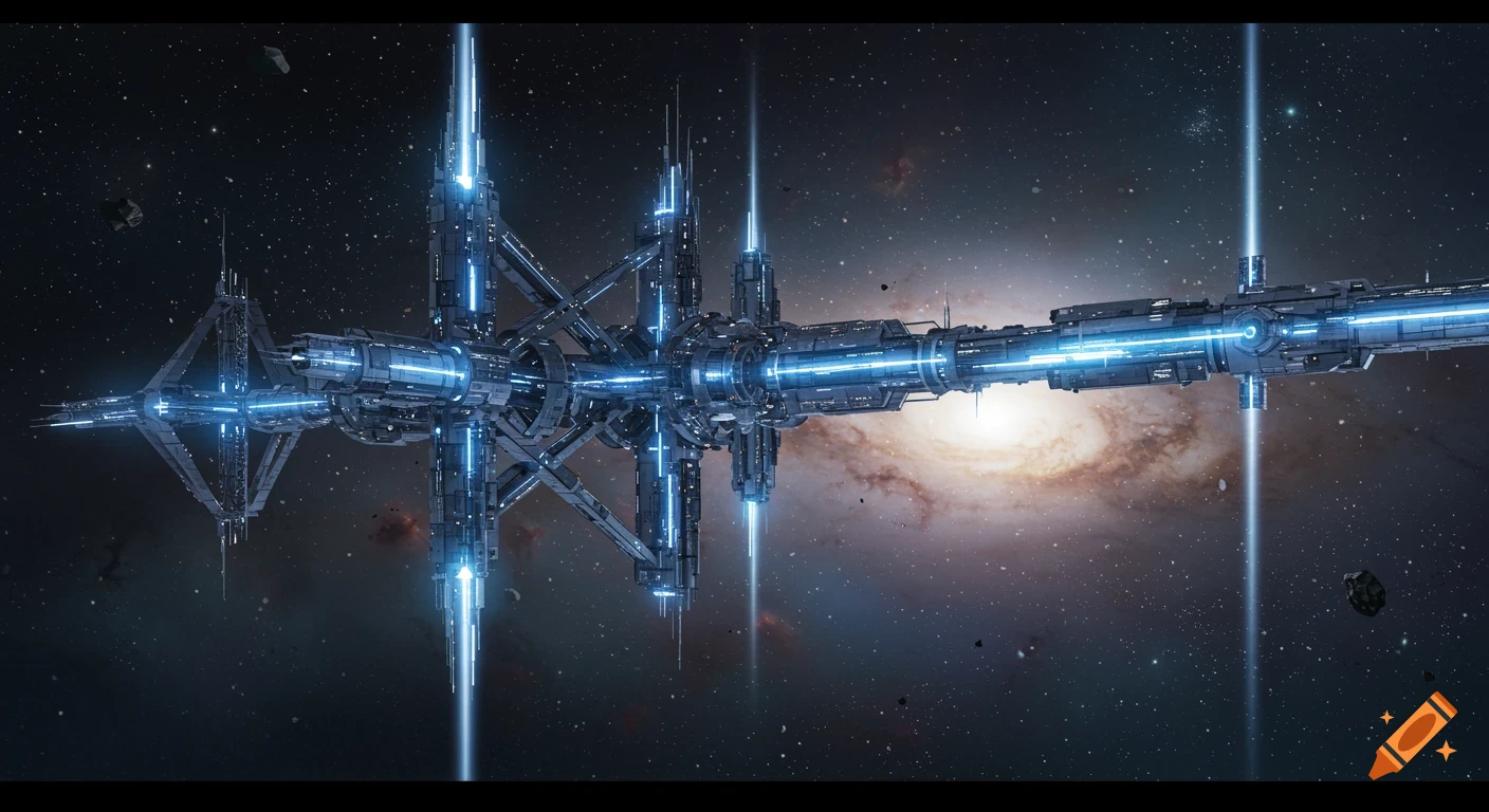 A large, detailed futuristic space station with glowing blue sections, floating in deep space with a spiral galaxy in the background.