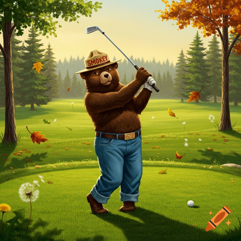Smokey Bear in blue jeans and a hat swings a golf club on a green course with trees and autumn leaves.