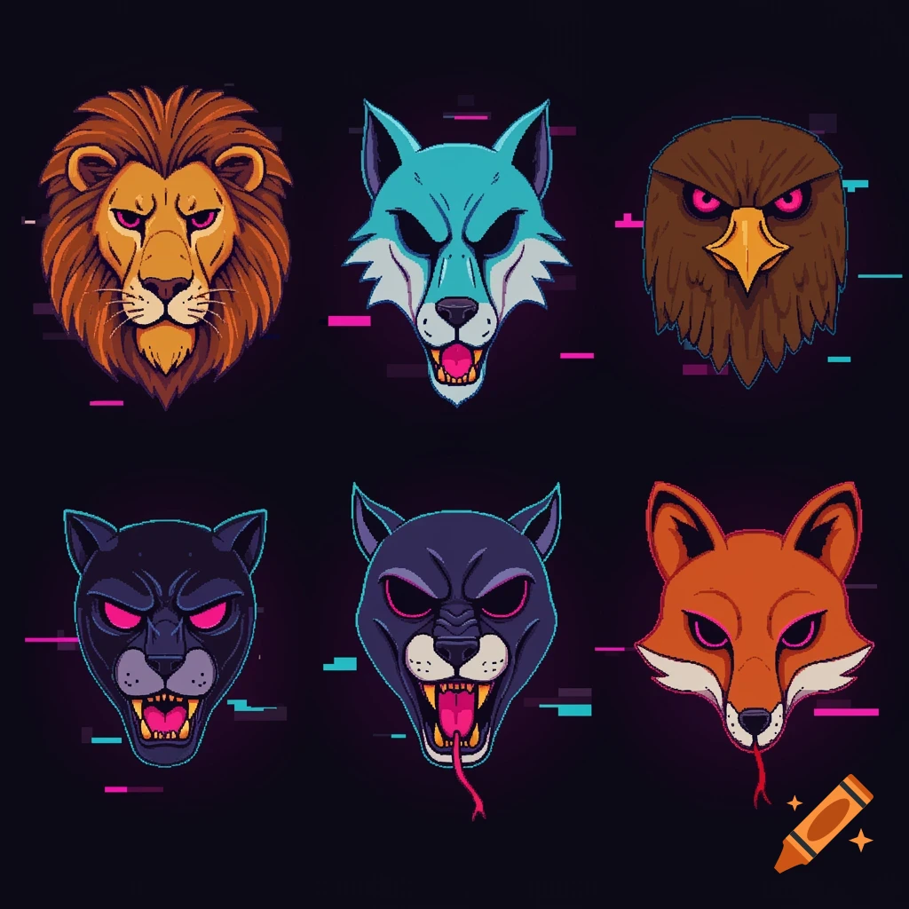 Six stylized pixel art animal heads/masks, including a lion, wolf, eagle, and panthers, with neon glitch effects.