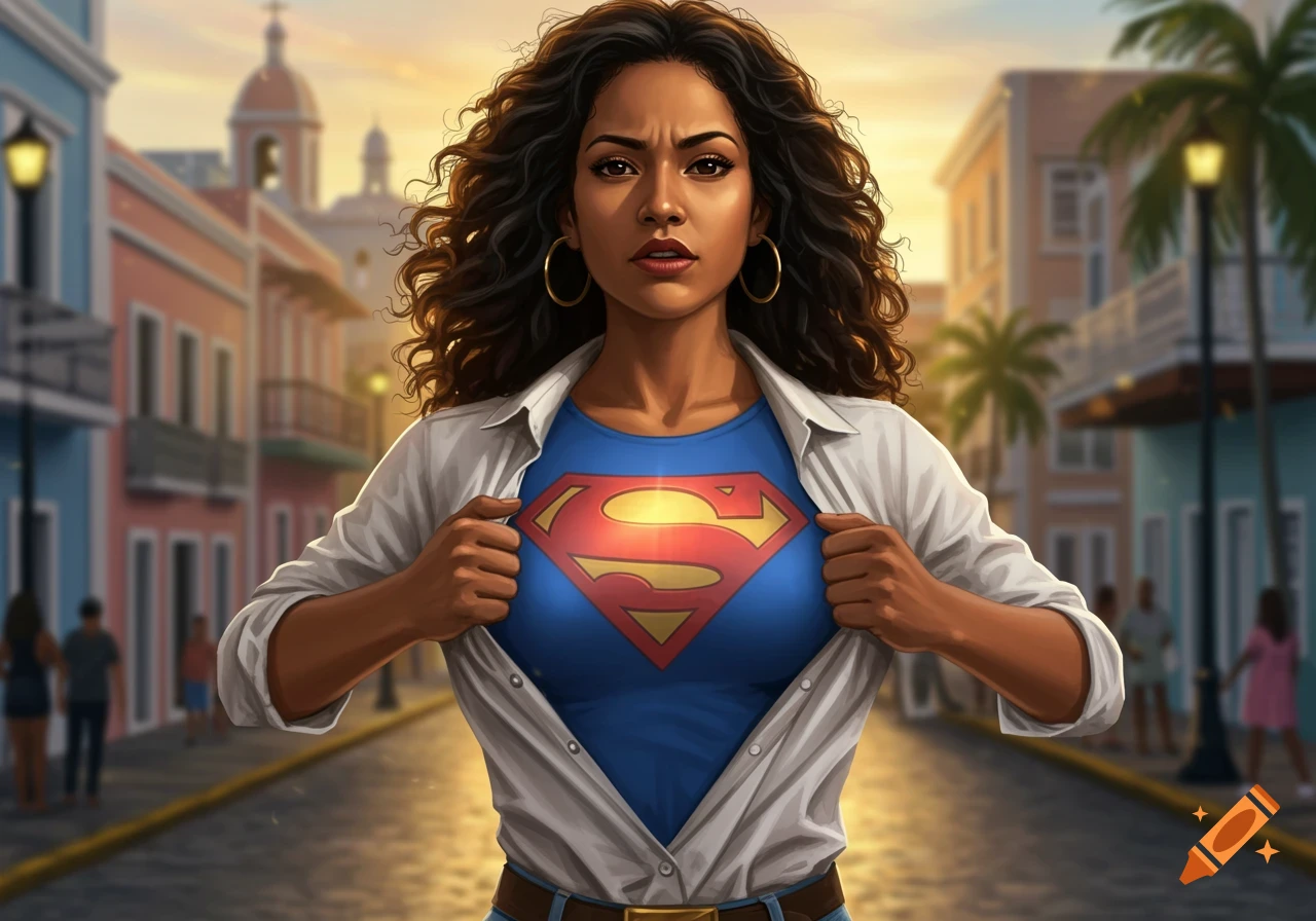 A woman with curly hair on a city street pulls open her white shirt to reveal a blue Superman shirt with the red and yellow 'S' logo.