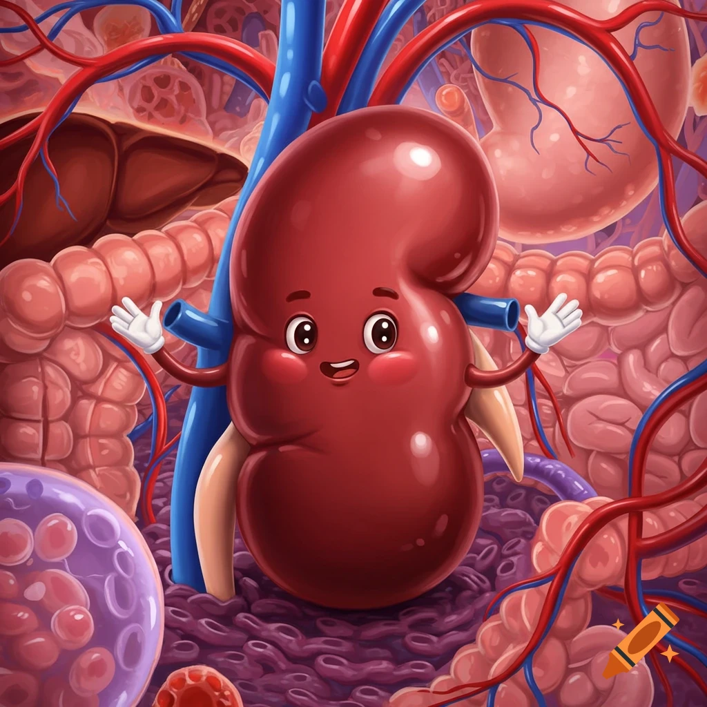 A cute, smiling cartoon kidney with arms and white gloves, surrounded by brightly colored internal organs and blood vessels.