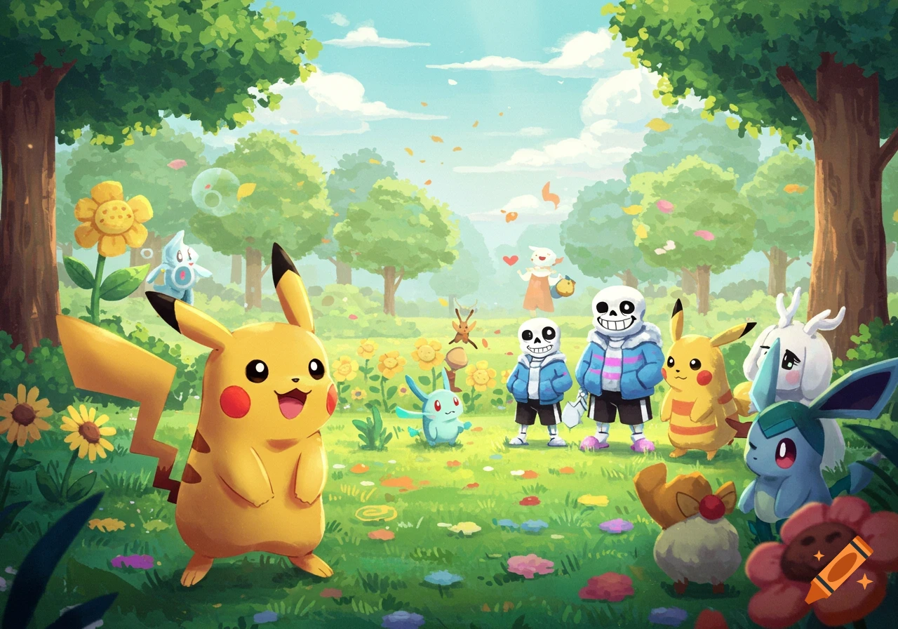 Pikachu and other Pokemon characters stand with Sans and Papyrus from Undertale in a whimsical, colorful forest clearing with flowers.