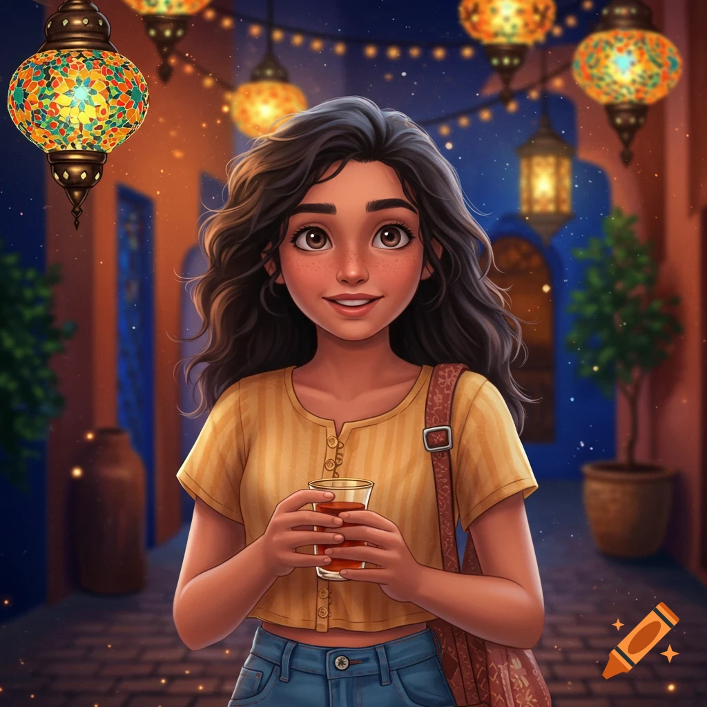 Stylized illustration of a young woman with dark hair holding a glass, standing in a vibrant street at night with ornate lanterns.