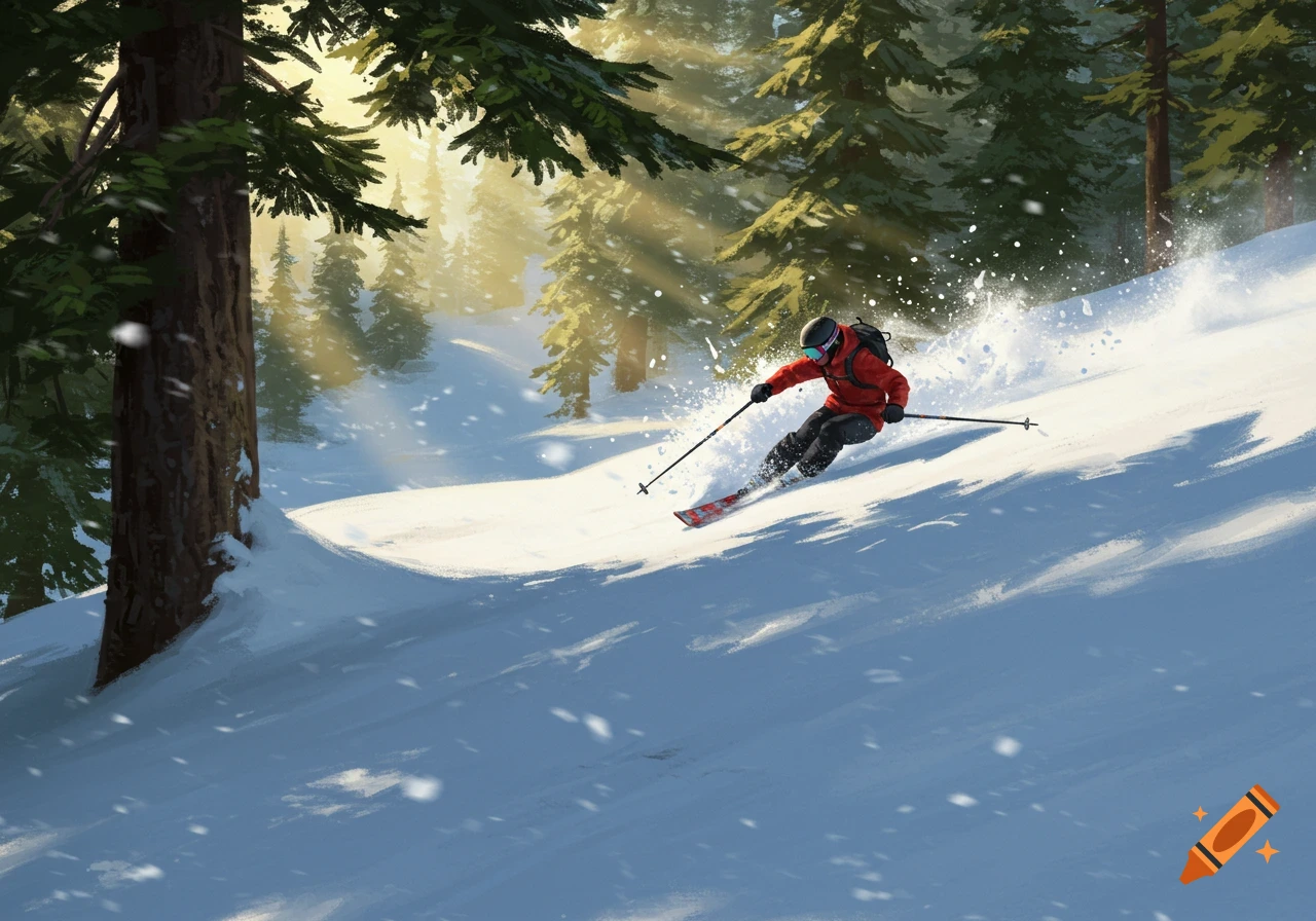 An illustrated person in a red jacket skiing down a snowy, tree-lined mountain with sun rays shining through the trees.