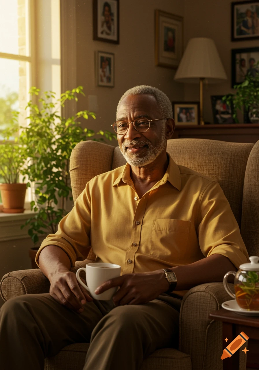 A smiling elderly Black man with glasses and a beard sits in an armchair, holding a mug, in a sunlit living room.