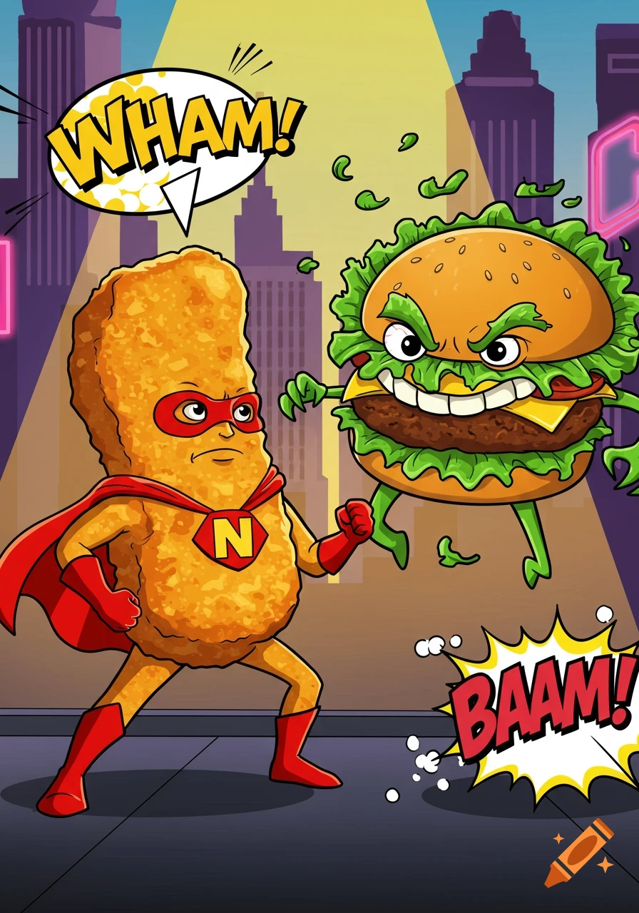 A superhero chicken nugget fights an evil burger in a vibrant comic book style, with 'WHAM!' and 'BAAM!' sound effects.