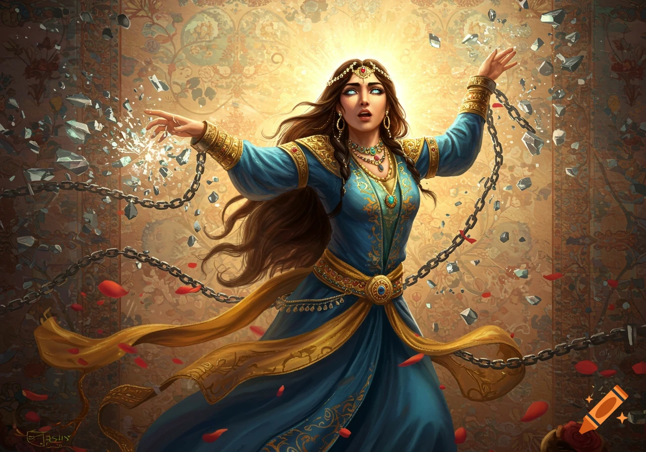 A majestic woman with long brown hair, wearing a teal and gold Persian-style gown and ornate jewelry, stands with arms outstretched as chains shatter around her, bathed in a radiant golden light against a detailed tapestry background.