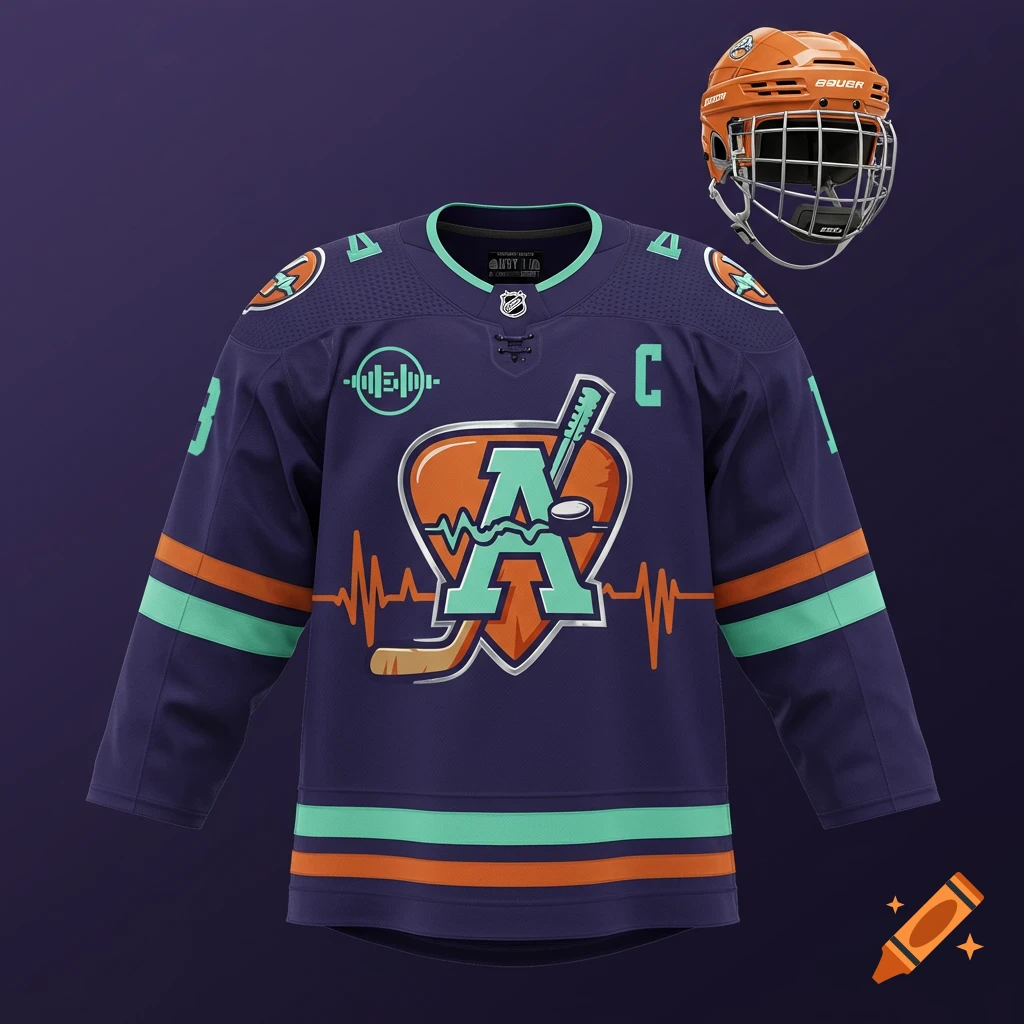 A photorealistic purple hockey jersey with orange, mint green, and silver accents, featuring a stylized 'A' logo with a heartbeat and hockey stick, paired with an orange hockey helmet.