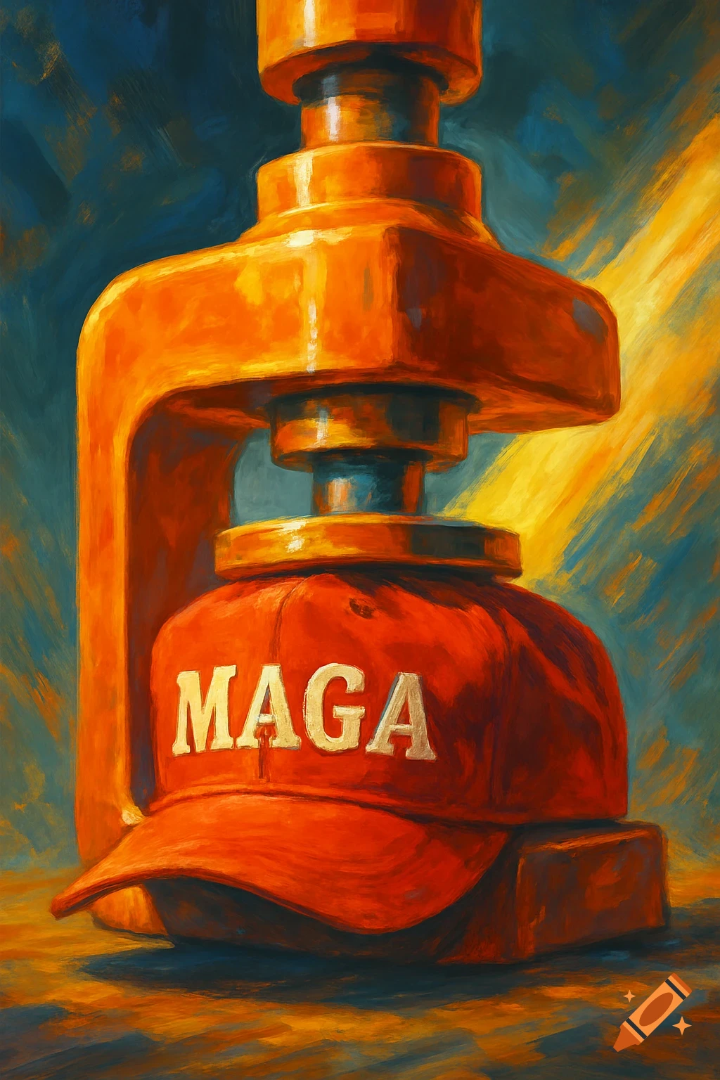 Oil painting of a large orange press crushing a red hat with 'MAGA' written on it.