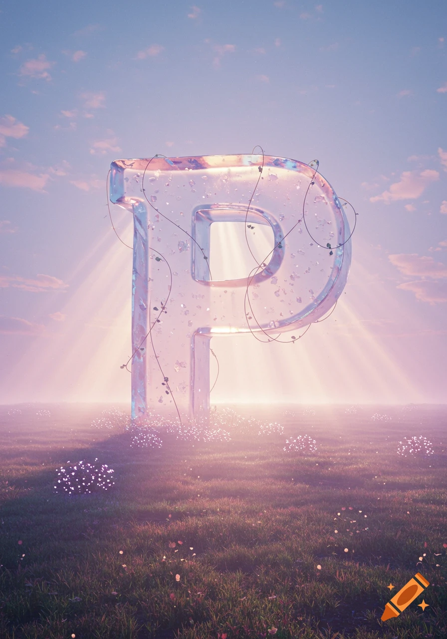A large, translucent, glowing letter 'P' stands in a grassy field under a pastel sky with sunrays.