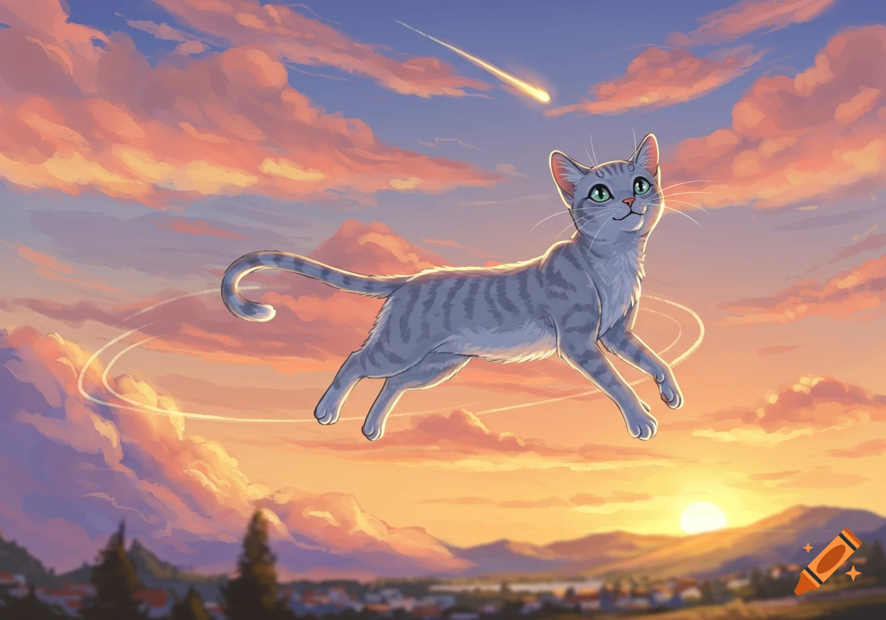 An animated grey tabby cat with green eyes flies through a vibrant sunset sky, with a comet streaking above a distant landscape.