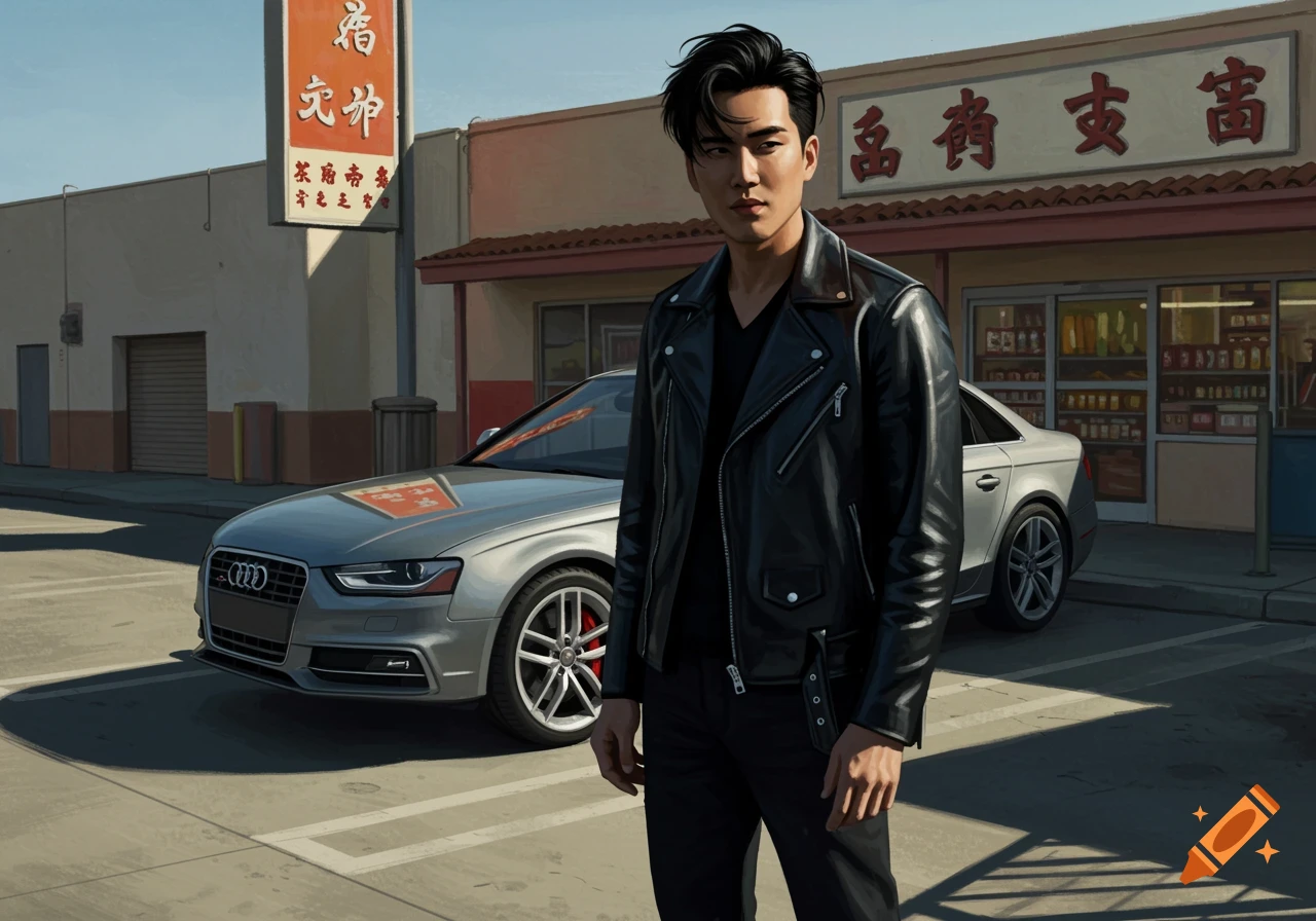 An Asian man in a black leather jacket stands in front of a silver Audi car in a parking lot near an Asian grocery store.