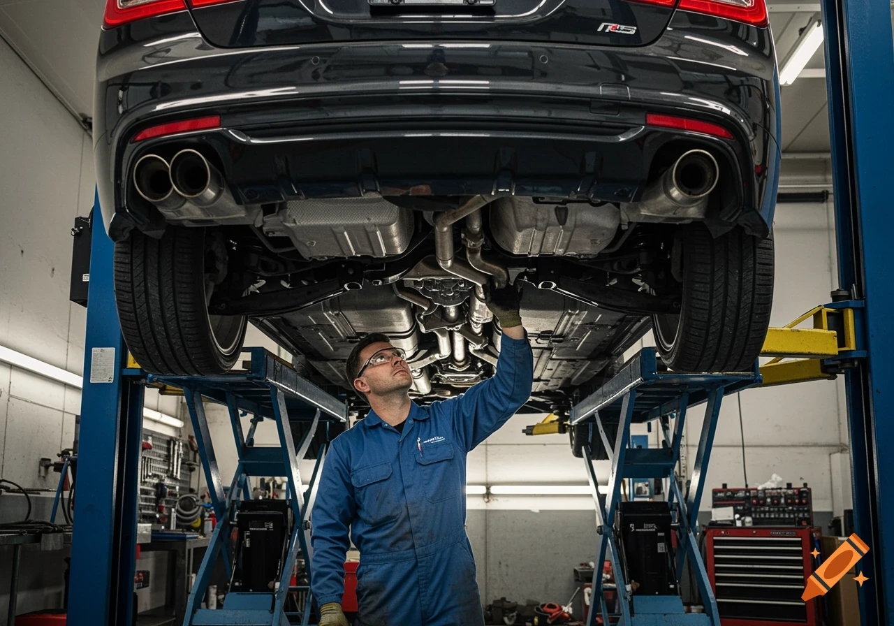A mechanic in a blue jumpsuit inspects the underside of a black car lifted on a four-post ramp in a garage.
